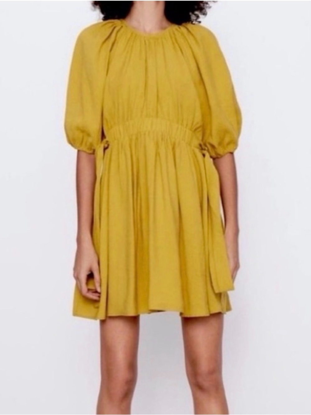 ZARA Yellow Puff Sleeve Ruched Babydoll Mini Dress Size Medium NWT